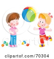Royalty Free RF Clipart Illustration Of A Two Little Girls Playing With A Beach Ball And Blocks