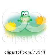 Poster, Art Print Of Happy Green Frog Wading By Yellow Lotus Flowers In A Pond