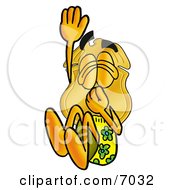 Poster, Art Print Of Badge Mascot Cartoon Character Plugging His Nose While Jumping Into Water