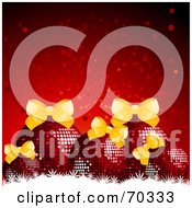 Royalty Free RF Clipart Illustration Of A Red Sparkle Background With Christmas Baubles Golden Bows And White Grunge