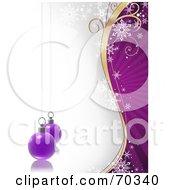 Royalty Free RF Clipart Illustration Of A Purple Gold And White Background With Suspended Christmas Baubles by dero