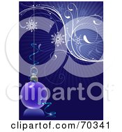 Poster, Art Print Of Blue Background With Snowflakes Vines And A Christmas Bauble