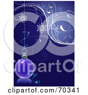 Royalty Free RF Clipart Illustration Of A Blue Background With Snowflakes Vines And A Christmas Bauble