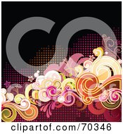 Royalty Free RF Clipart Illustration Of A Funky Floral Background With Colorful Swirls Flowers And Dots On Black