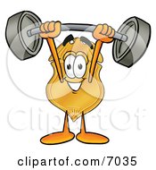 Badge Mascot Cartoon Character Holding A Heavy Barbell Above His Head