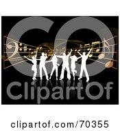 Royalty Free RF Clipart Illustration Of A Group Of White Silhouetted Dancers With Music Notes And Waves On Black