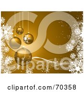 Royalty Free RF Clipart Illustration Of A Golden Background With Four Suspended Christmas Baubles Waves And Snowflakes