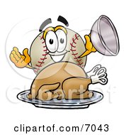 Poster, Art Print Of Baseball Mascot Cartoon Character Serving A Thanksgiving Turkey On A Platter
