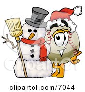 Baseball Mascot Cartoon Character With A Snowman On Christmas