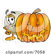 Baseball Mascot Cartoon Character With A Carved Halloween Pumpkin