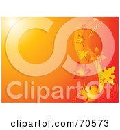Royalty Free RF Clipart Illustration Of A Gradient Orange Background With Sunlight And Autumn Leaves Floating In The Breeze