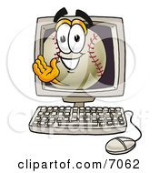 Poster, Art Print Of Baseball Mascot Cartoon Character Waving From Inside A Computer Screen