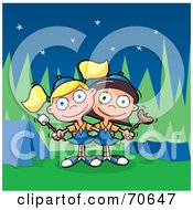 Two Little Brownie Girls Holding A Marshmallow And Weenie On A Roasting Stick At A Camp Site