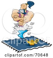 Royalty Free RF Clipart Illustration Of A Muscular Male Genie Hovering Above His Lamp On A Blue Carpet by jtoons #COLLC70648-0139