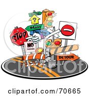 Royalty Free RF Clipart Illustration Of A Group Of Road Signs And Lights In The Middle Of A Street by jtoons #COLLC70665-0139