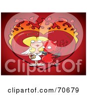 Royalty Free RF Clipart Illustration Of A Naughty Devil With His Angel Girlfriend In Front Of A Flaming Heart by jtoons