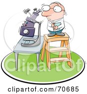 Royalty Free RF Clipart Illustration Of A Short Scientists On A Ladder Looking Through A Microscope
