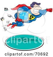 Royalty Free RF Clipart Illustration Of A Super Hero Man Flying With A Computer by jtoons #COLLC70692-0139