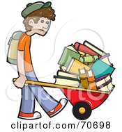 Royalty Free RF Clipart Illustration Of A Sad School Boy Pushing Tons Of Books In A Wheelbarrow by jtoons #COLLC70698-0139