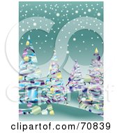 Poster, Art Print Of Background Of Ribbon Christmas Trees On Green With Snow