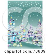 Royalty Free RF Clipart Illustration Of A Background Of Ribbon Christmas Trees On Green With Snow