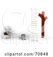 Poster, Art Print Of 3d White Character Painter Looking At Red Lines On A White Wall By A Ladder