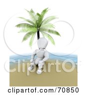 3d Alienated White Character Under A Palm Tree On An Island