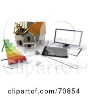 Poster, Art Print Of 3d Computer On Blue Prints With An Energy Rating Graph And House