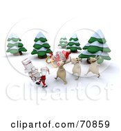 Poster, Art Print Of 3d Santa And Reindeer With A Sleigh And Gifts In The Snow