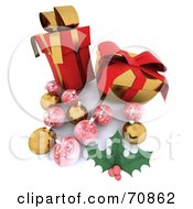 Royalty Free RF Clipart Illustration Of A 3d Display Of Red And Gold Christmas Presents Baubles And Holly by KJ Pargeter