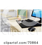 3d Desktop Computer And An Apple On A Desk In A Class Room