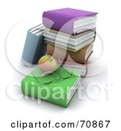 Royalty Free RF Clipart Illustration Of A 3d Apple With Spectacles With A Stack Of Text Books