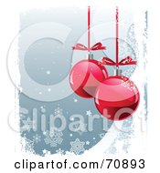Royalty Free RF Clipart Illustration Of A Blue Christmas Background With Snowflakes White Grunge And Two Shiny Red Baubles