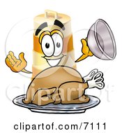 Poster, Art Print Of Barrel Mascot Cartoon Character Serving A Thanksgiving Turkey On A Platter