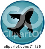 Royalty Free RF Clipart Illustration Of A Blue Airplane Button With A Silhouetted Plane by Pams Clipart