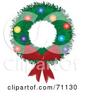 Poster, Art Print Of Green Christmas Wreath With A Red Bow And Baubles