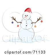 Poster, Art Print Of Happy Snowman With Christmas Ornaments Hanging From His Twig Arms