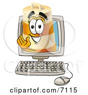 Clipart Picture Of A Barrel Mascot Cartoon Character Waving From Inside A Computer Screen