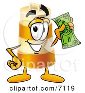 Barrel Mascot Cartoon Character Holding A Dollar Bill