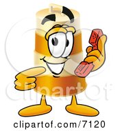 Barrel Mascot Cartoon Character Holding A Telephone