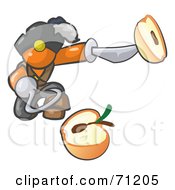 Poster, Art Print Of Orange Man Pirate With A Hook Hand Holding A Sliced Apple On A Sword