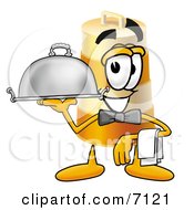Barrel Mascot Cartoon Character Dressed As A Waiter And Holding A Serving Platter