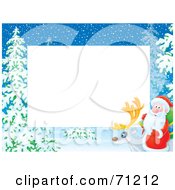 Poster, Art Print Of Horizontal Background With Snow Trees And Santa On A Reindeer Around White Space
