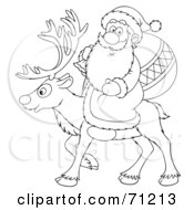 Poster, Art Print Of Black And White Outline Of Santa Carrying A Sack And Riding On The Back Of A Reindeer