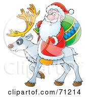 Poster, Art Print Of Santa Carrying A Sack And Riding On The Back Of A Reindeer