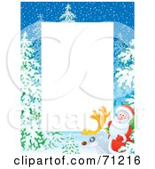Poster, Art Print Of Vertical Background With Snow Trees And Santa On A Reindeer Around White Space