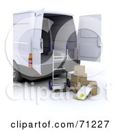 Royalty Free RF Clipart Illustration Of A 3d Hand Truck With Boxes And A Clipboard Behind A Delivery Van by KJ Pargeter