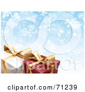 Royalty Free RF Clipart Illustration Of A Blue Snowflake Background With Two Christmas Gift Boxes