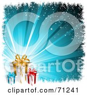 Royalty Free RF Clipart Illustration Of Three Christmas Gift Boxes Over A Bursting Blue Background With Grunge And Stars