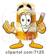 Barrel Mascot Cartoon Character Holding A Pencil